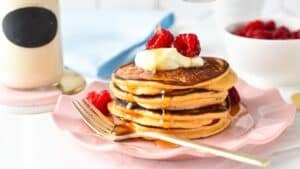 These 3 ingredient Protein Pancakes are the most easy flourless protein pancakes made from Greek yogurt. Plus, they are naturally gluten-free low in carbs, and packed with 47 g of protein for 4 pancakes.These 3 ingredient Protein Pancakes are the most easy flourless protein pancakes made from Greek yogurt. Plus, they are naturally gluten-free low in carbs, and packed with 47 g of protein for 4 pancakes.