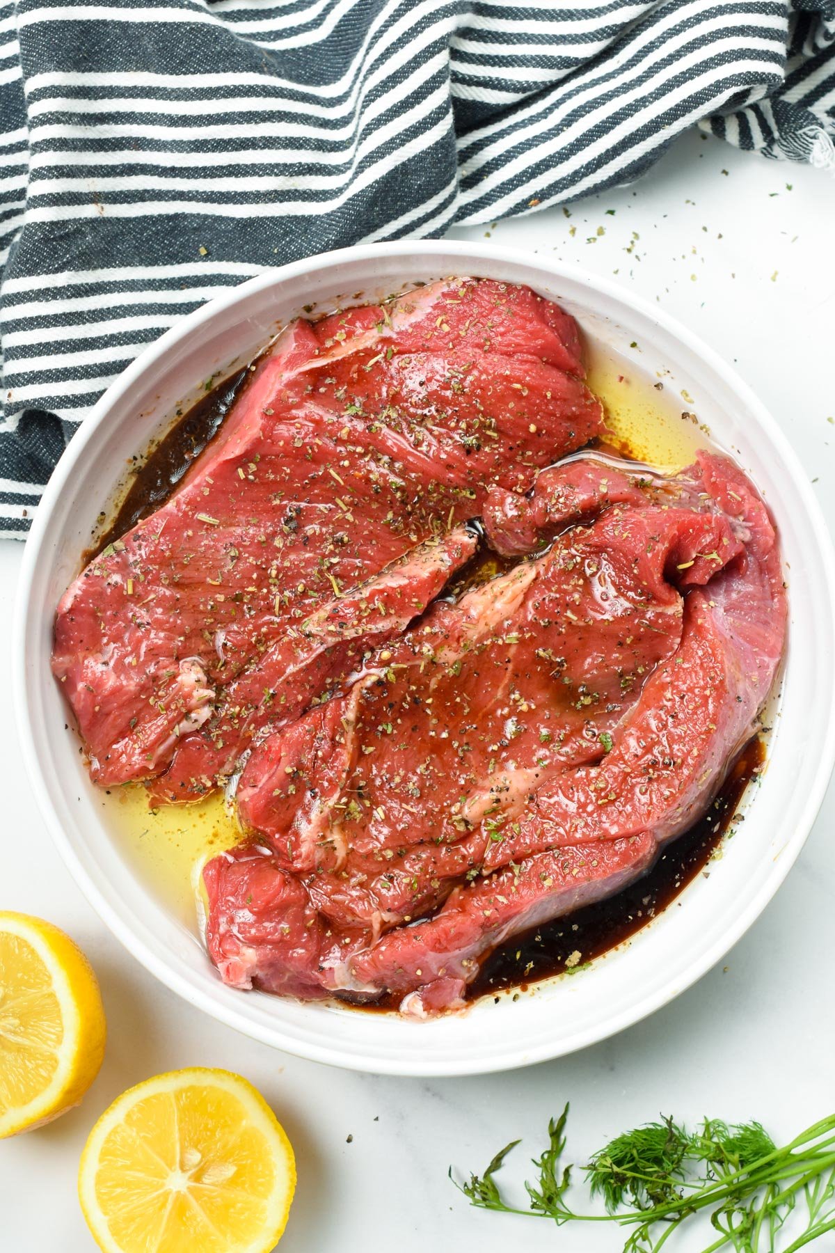 Meat marinating in the 3 ingredient Steak Marinade