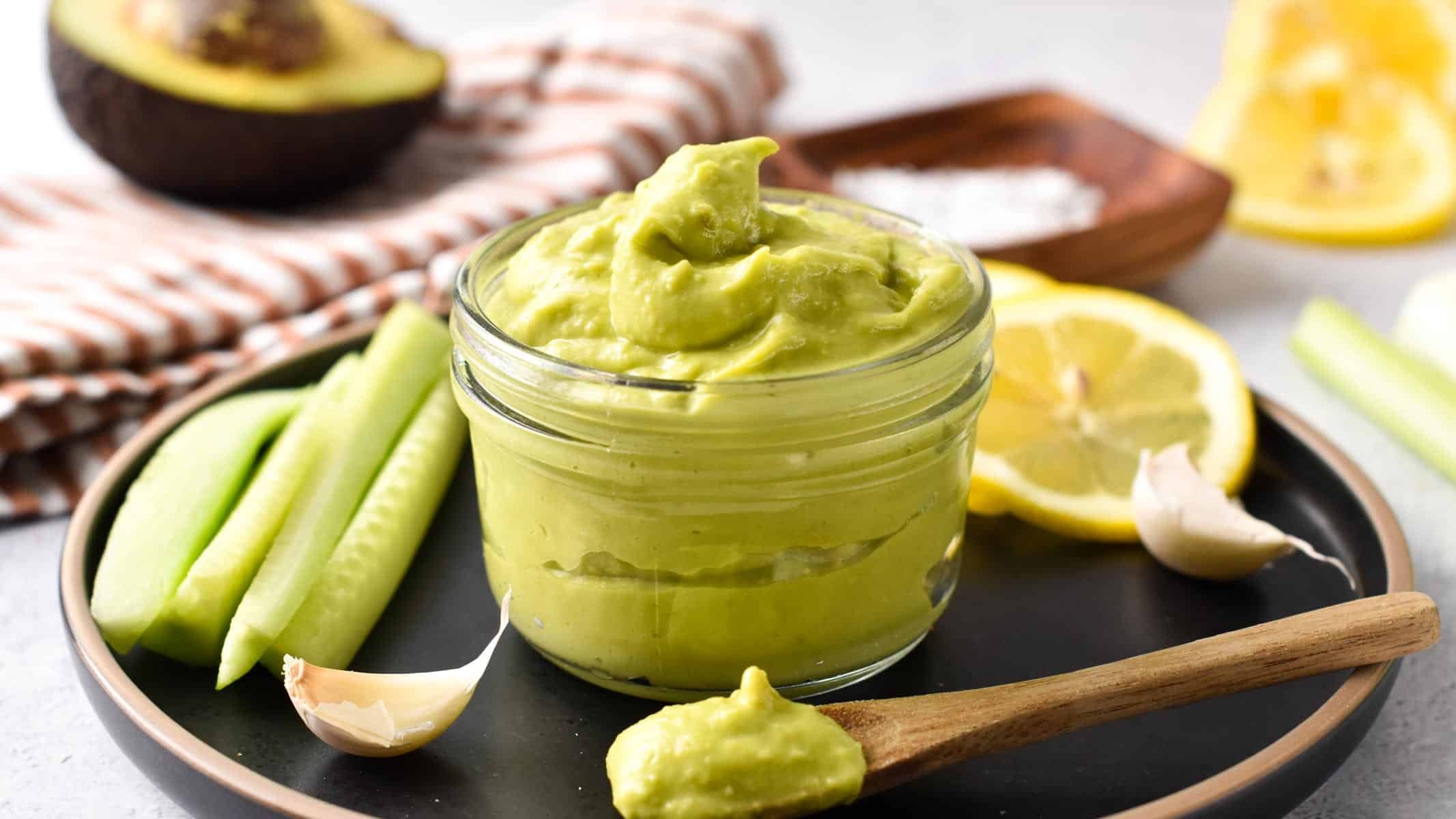 This Avocado Mayonnaise is an healthy creamy mayonnaise made from avocado instead of eggs. It's an egg-free mayo with healthy fats from avocado and avocado oil perfect to spread on sandwiches
