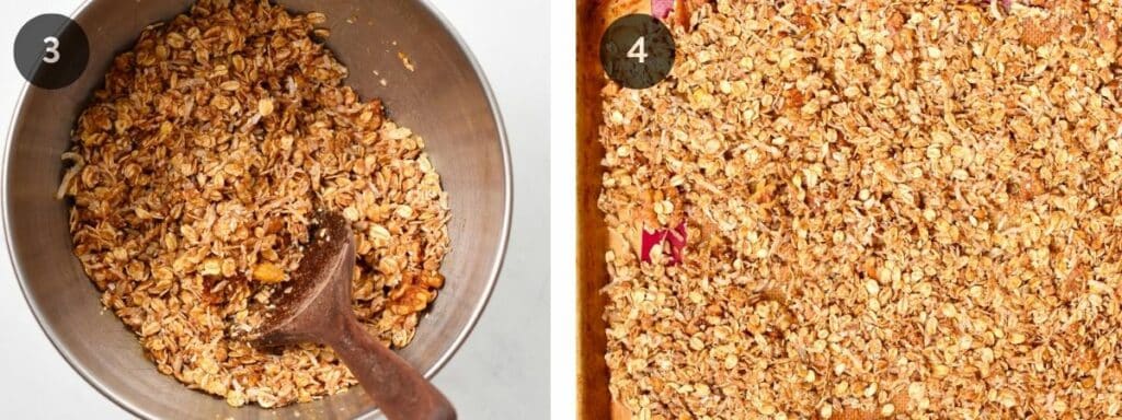 Instructions on how to bake the sugar-free granola recipe with a side-by-side view of the bowl before it's laid on a baking sheet.