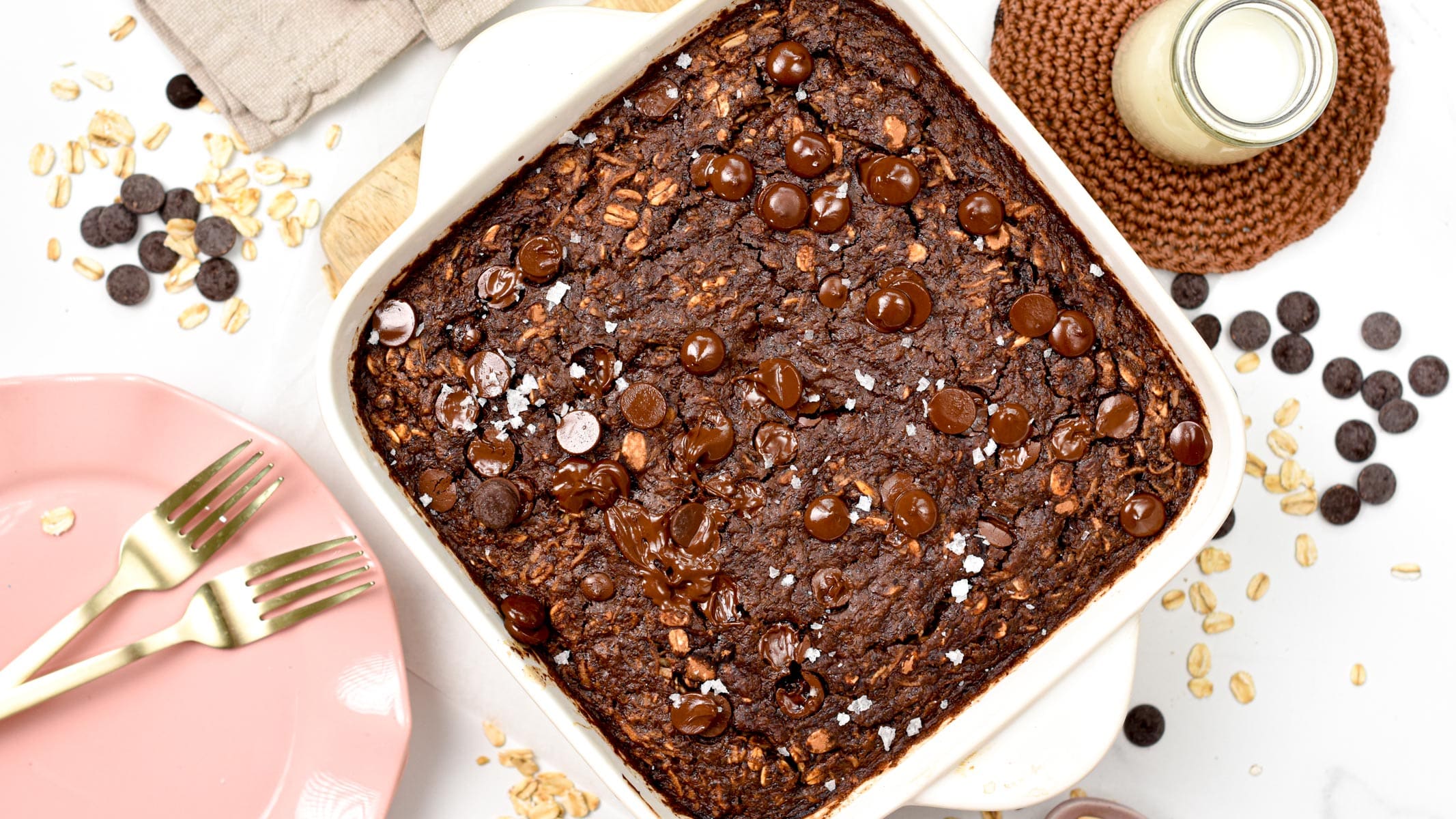 This Baked Brownie Oatmeal is a creamy chocolate baked oatmeal recipe filled packed with 9 grams protein per serve for a fulfilling healthy breakfast. Plus, this easy oatmeal recipe has allergy friendly option to be vegan, egg-free and dairy-free if desired.