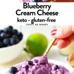 This Blueberry Cream Cheese is a tasty sweet cream cheese spread that taste like blueberry cheesecake. It's a delicious addition to toasted English muffins, and bagels or to eat by the spoon as a sweet treat.