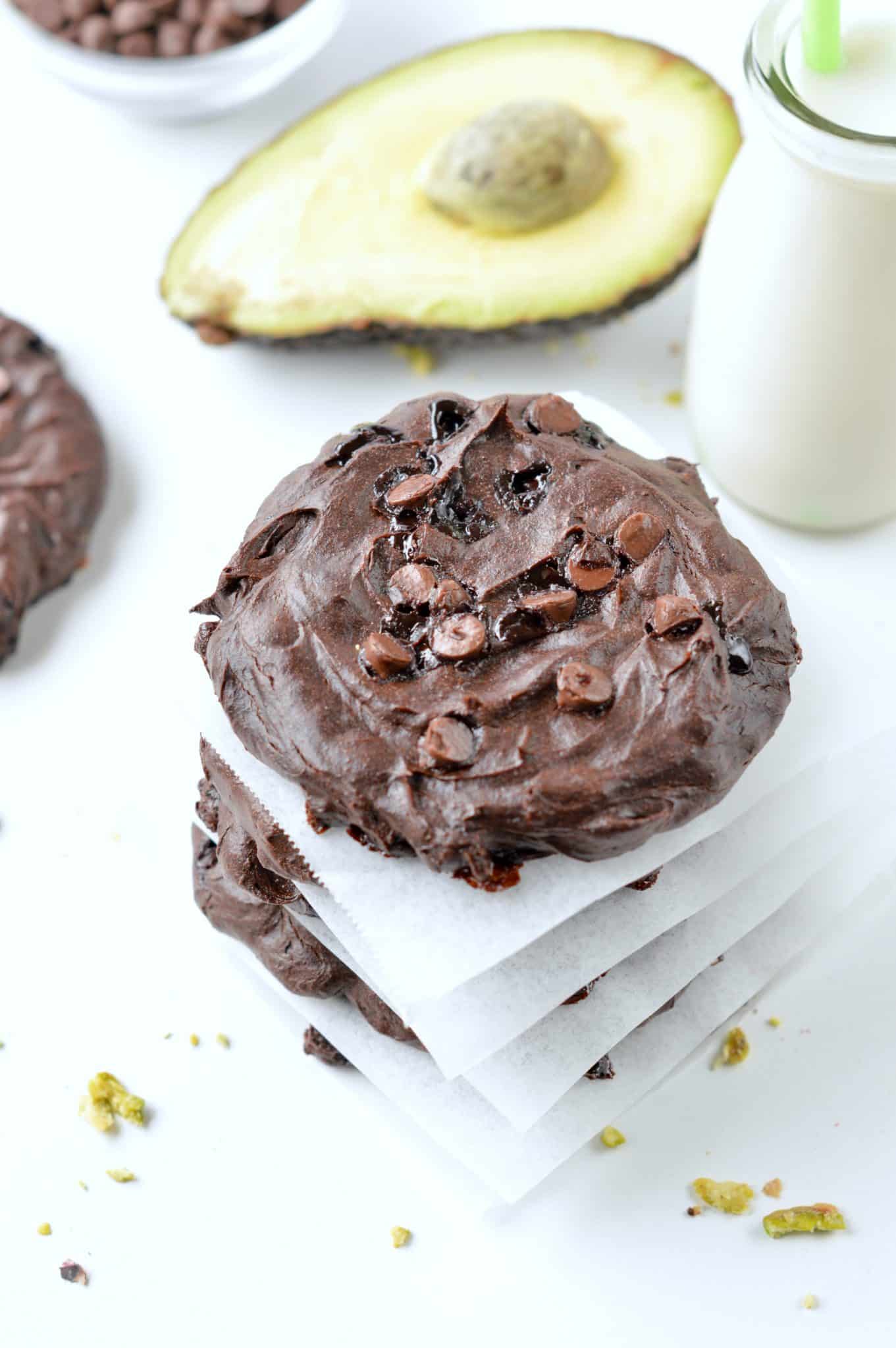 Chocolate Avocado Cookies stacked on a table.