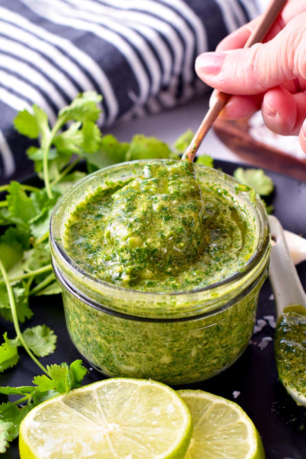 This Cilantro Garlic Sauce is a delicious healthy sauce for grilled meat, toast, or salad made from a few wholesome ingredients.