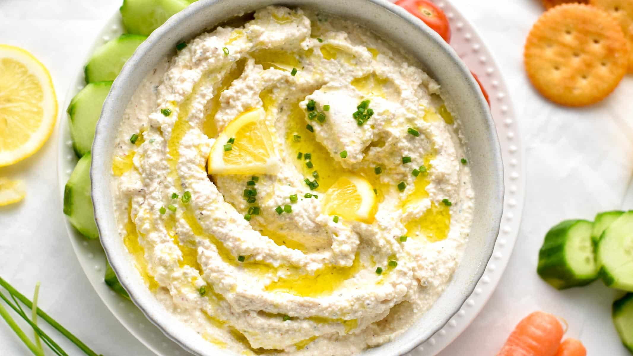 Served cottage cheese dip in a large bowl.