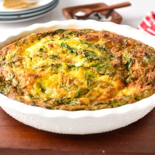 a pie plate filled with a egg bake with cottage cheese