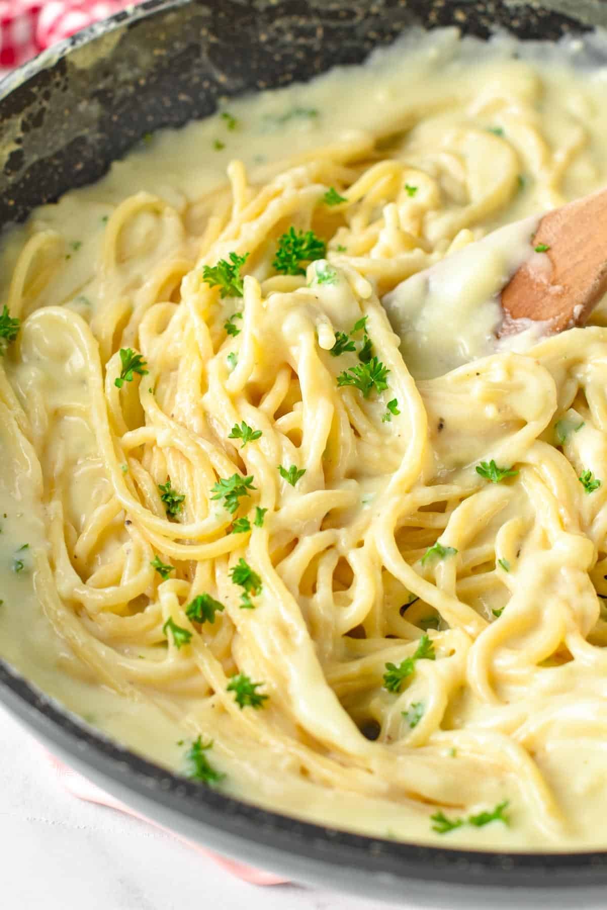Cottage Cheese Pasta Sauce served on spaghetti in a bowl.