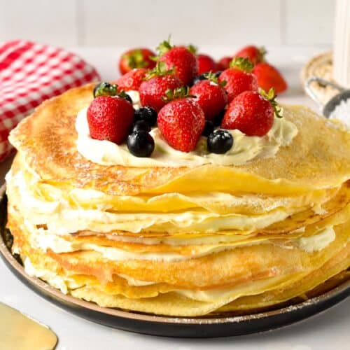 This Crepe Cake is a beautiful, decadent French cake made from layers of vanilla crepe filled with a thin layer of vanilla cream. It's a tasty cake for a birthday or dessert to impress your guest.