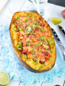 Spaghetti squash taco bowl with Black Beans . A delicious healthy Vegetarian mexican meal (vegan option provided) include how to cook squash tutorial.