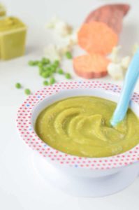 Sweet Potato Puree Baby Recipe with pea and cauliflower. An excellent stage 2 baby food recipe to introduce cauliflower to babies around 7 months. Gluten free, easy and vegetarian.