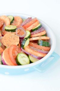 Healthy Zucchini Sweet Potato vegetable gratin recipe with mixed roasted vegetables and cheese.