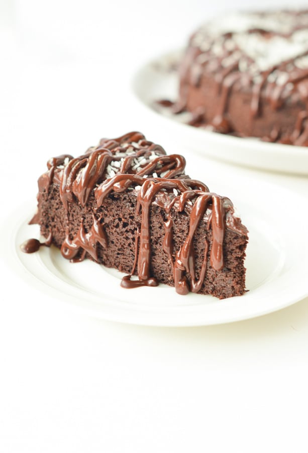 keto chocolate cake slice decorated with melted chocolate.