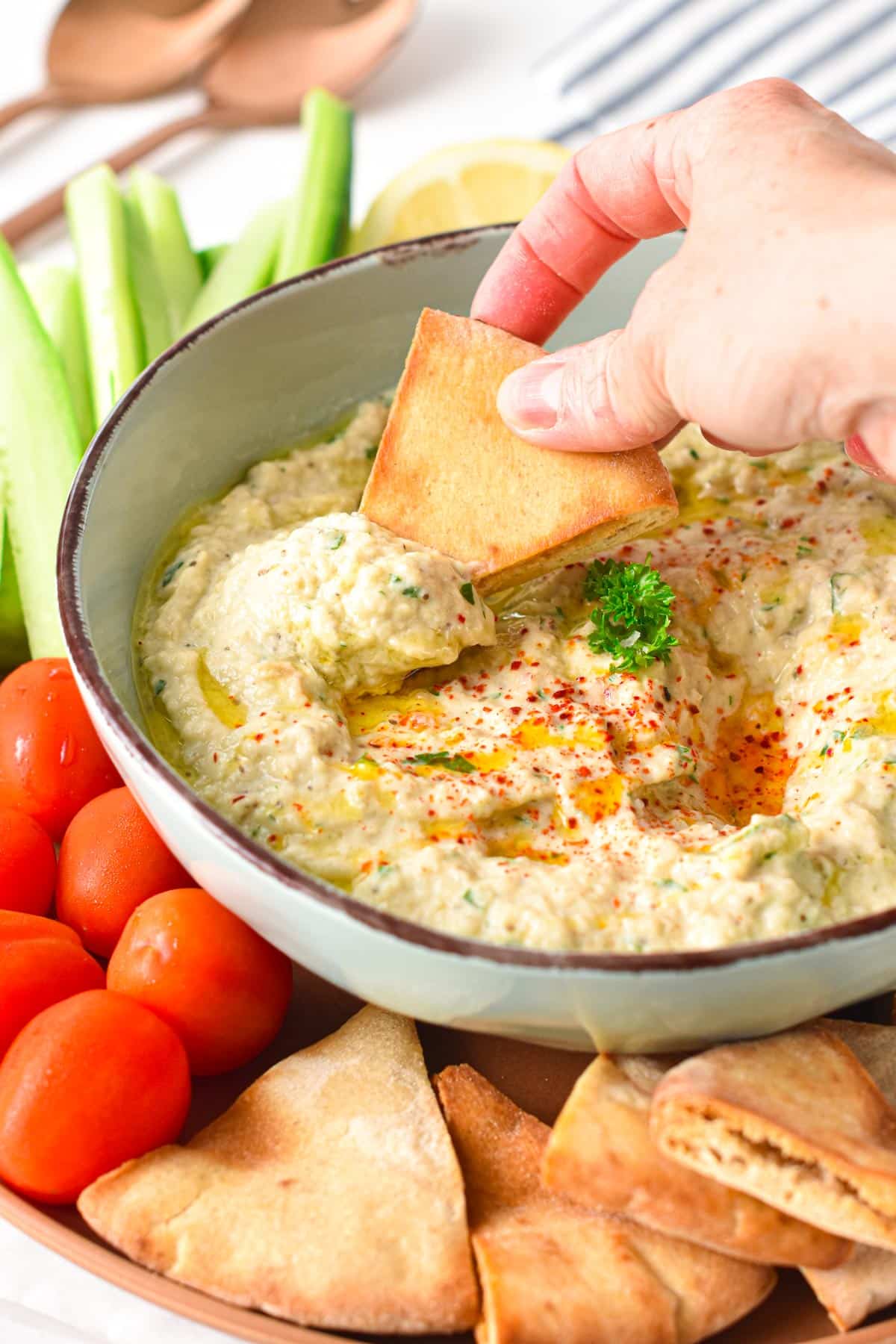 This Eggplant Dip also called Baba Ganoush recipe is a creamy Meditareean dip made from roasted eggplants, tahini and garlic. It's a delicious appetizer or spread for lunch wraps and sandwiches.