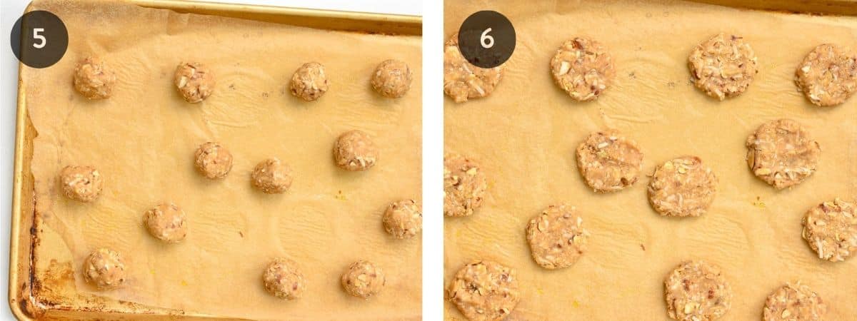 Shaping Keto Oatmeal Cookies on a baking sheet with parchment paper.