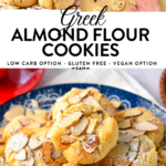 These Greek Almond Cookies are easy melt in your mouth almond flour cookies coated with crunchy toasted sliced almonds. Plus, these are also naturally gluten-free with keto friendly option.