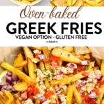 These homemade Greek Fries are crispy baked fries topped with a drizzle of lemon juice and loads of delicious Greek cuisine flavors from feta cheese, red onions, tomatoes and Parsley.