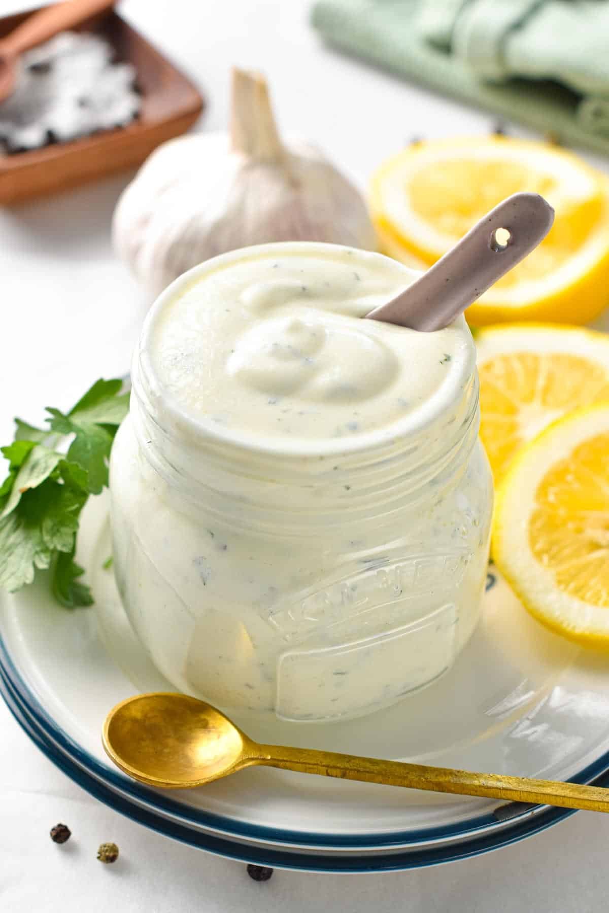 This Greek Yogurt Dressing is a creamy, high-protein salad dressing perfect to add creaminess and rich texture to any lettuce or salad. It's a healthier salad dressing too, with less calories, fat and packed with calcium and filling proteins.