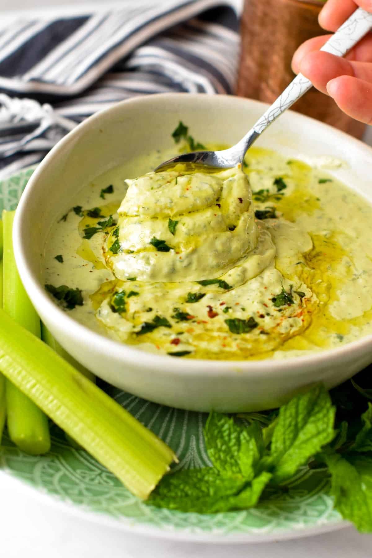 This Green Goddess Dip is a creamy refreshing yogurt feta dip packed with 5 herbs and delicious Mediterranean flavors. Plus, this easy dip recipe is also packed with protein, vegetarian and gluten-free.