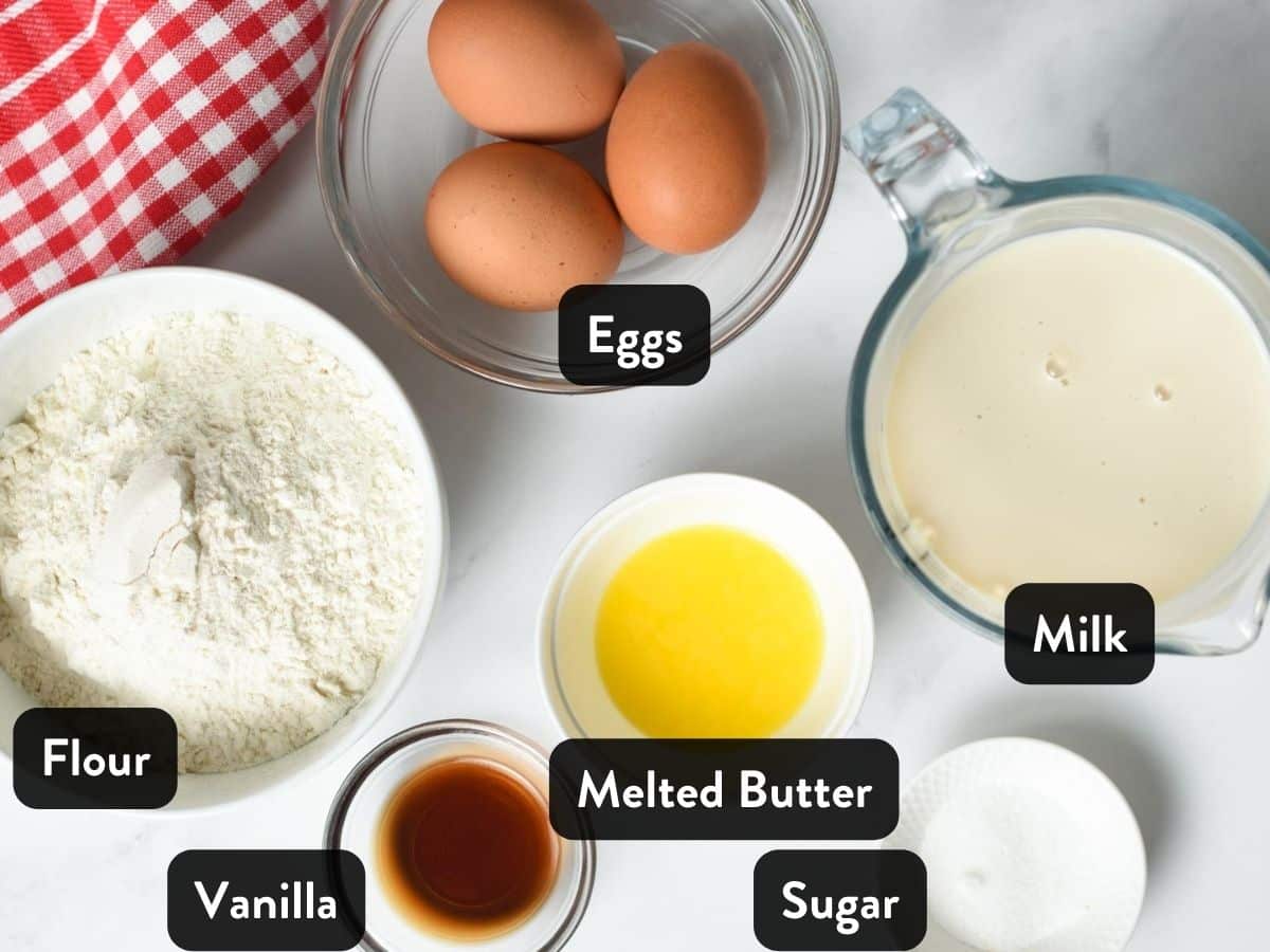 Crepe Ingredients in small bowls on a table with labels