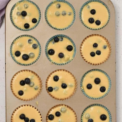 Greek Yogurt Protein Muffins ready to bake in a muffin tin.