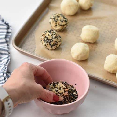 Protein Bagel Bites rolled in bagel seasoning.