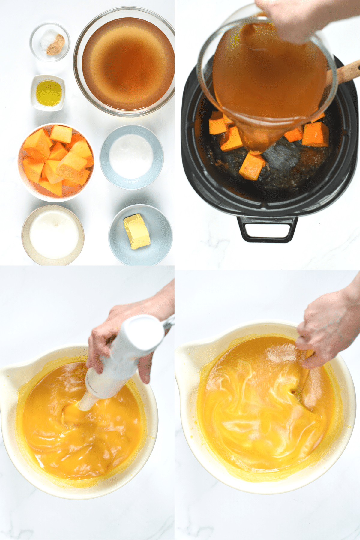Step-by-step instructions on how to make Keto Pumpkin Soup with an immersion blender.