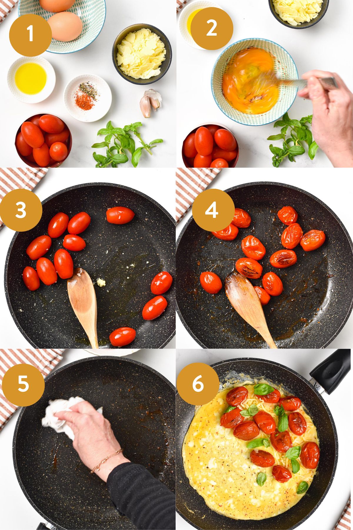 This Tomato Omelette is an easy, healthy breakfast recipe packed with summer flavors from juicy pan-fried cherry tomatoes, basil, and Parmesan cheese. If you love your eggs for breakfast, or you are looking for a fancy brunch, this omelette with tomato basil is a must-try.
