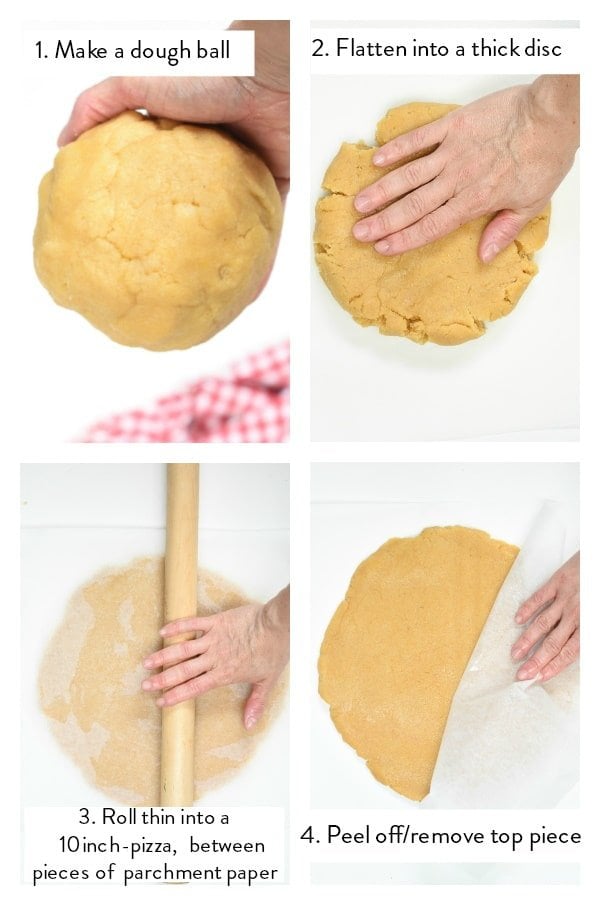 Step-by-step instructions on how to roll the base for the almond flour pizza crust.