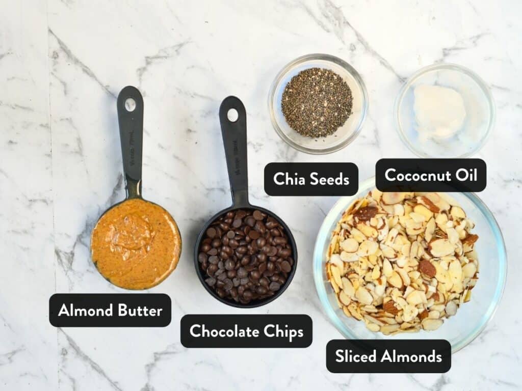 Ingredients for No-Bake Keto Cookies in bowls and measuring cups.