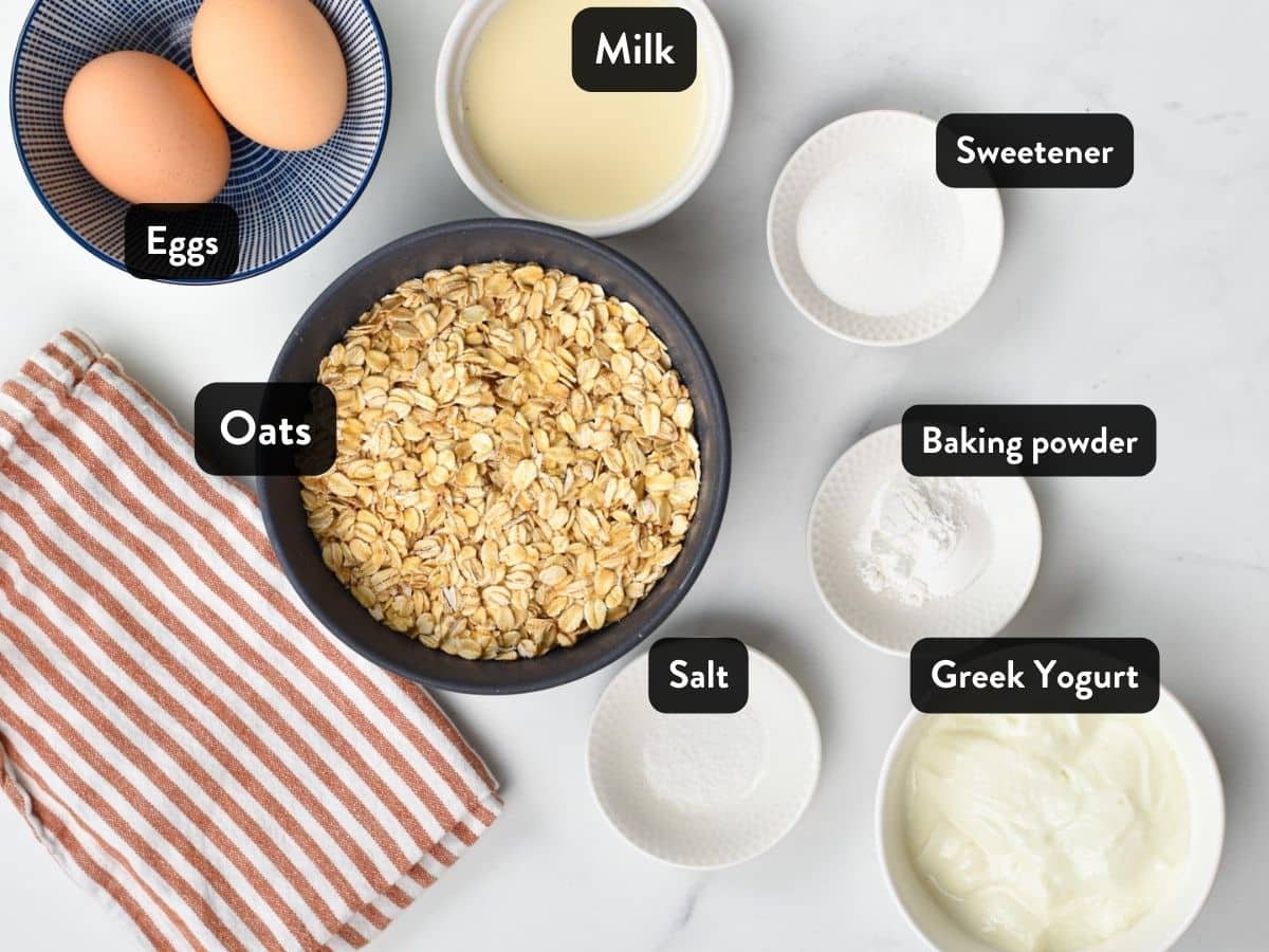 Ingredients for Protein Pancakes without Protein Powder organized in small bowls and ramekins with labels.