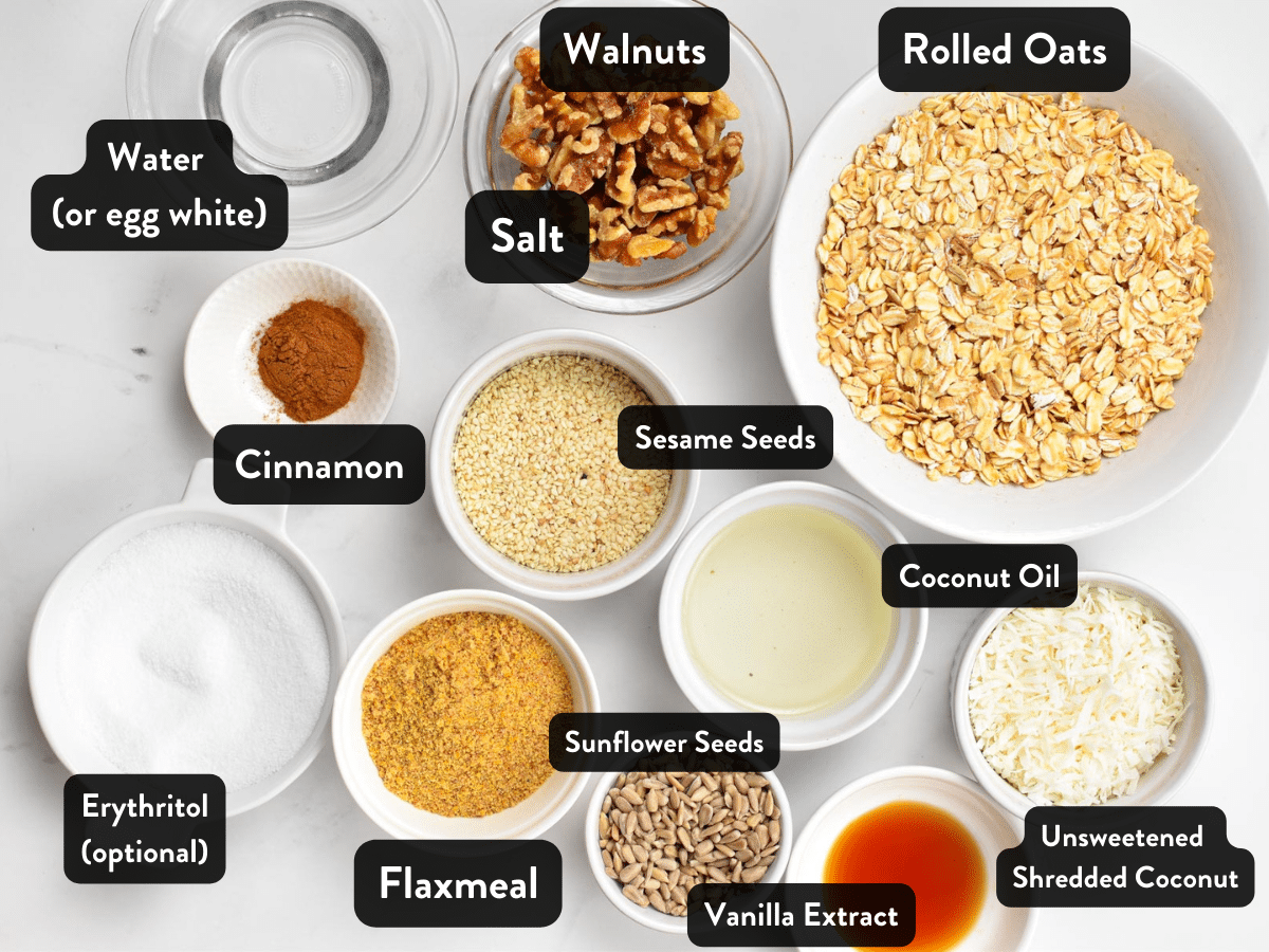 Ingredients for Sugar-free Granola organized in individual bowls and ramekins with labels.