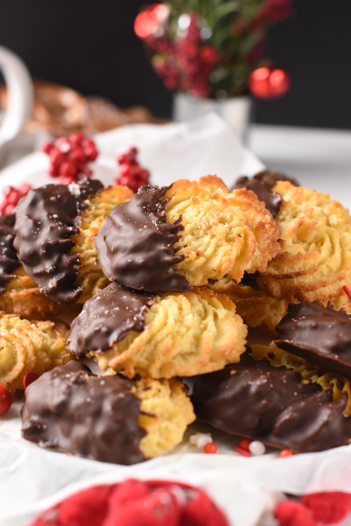 Keto Butter Cookies stacked on a plate.