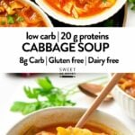 This Keto Cabbage soup is a heartwarming low-carb protein soup packed with 20 grams proteins and only 8 grams carb. You will love the light tomato beef broth packed with pieces of ground beef, and crunchy green cabbage and celery.