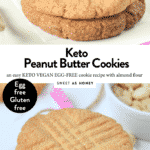 KETO PEANUT BUTTER COOKIES Almond Flour Easy Healthy Keto Vegan Cookies NO eggs, NO sugar NO dairy. Only 4.4 g net carbs per large cookies. #lowcarbpeanutbuttercookies #peanutbuttercookies #lowcarbcookies #ketocookies #ketopeanutbuttercookies #ketovegan #vegancookies #veganpeanutbuttercookies #healthycookies #glutenfreecookies #grainfreecookies #lowcarbrecipes #lowcarbdiet #ketogenicdiet #ketorecipes