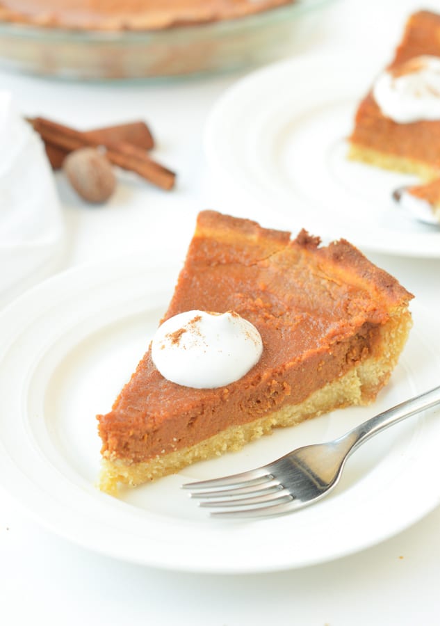 A slice of low-carb pumpkin pie on the Thanksgiving table