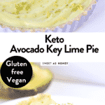 Avocado key lime pie vegan, no bake and low carb. An healthy raw desserts with a coconut almonds and cashew crust with NO dates! #ketopie #keylimepie #nobake #nobakepie #ketovegan #ketodesserts #vegandesserts #avocado #keylime #pie #vegan #lowcarb #glutenfree