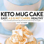 KETO PEANUT BUTTER MUG CAKE with almond flour, unsweetened hipped cream and peanut butter drizzle #keto #mugcake #locarb #glutenfree #ketorecipes #sugarfree