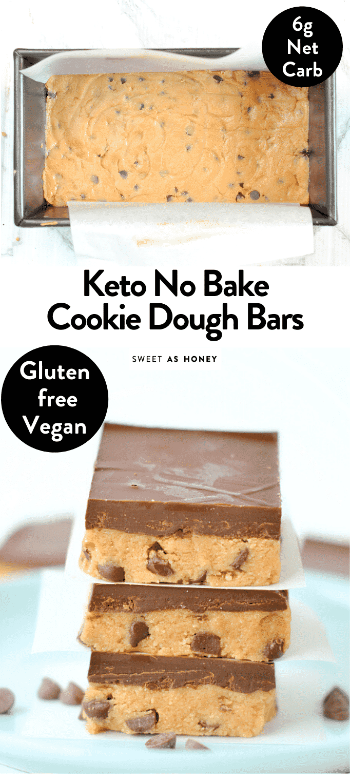 Keto Cookie dough bars no bake healthy peanut butter chocolate chips bars with only 5 ingredients. 100% keto + low carb + sugar free + gluten free and vegan. #keto #ketobars #ketocookies #owcarb #vegan #nobakerecipes #nobake #cookiedough