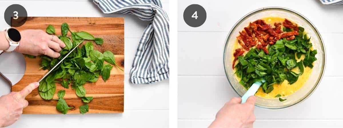 Chopping baby spinach on a board, stirring egg bake ingredients.