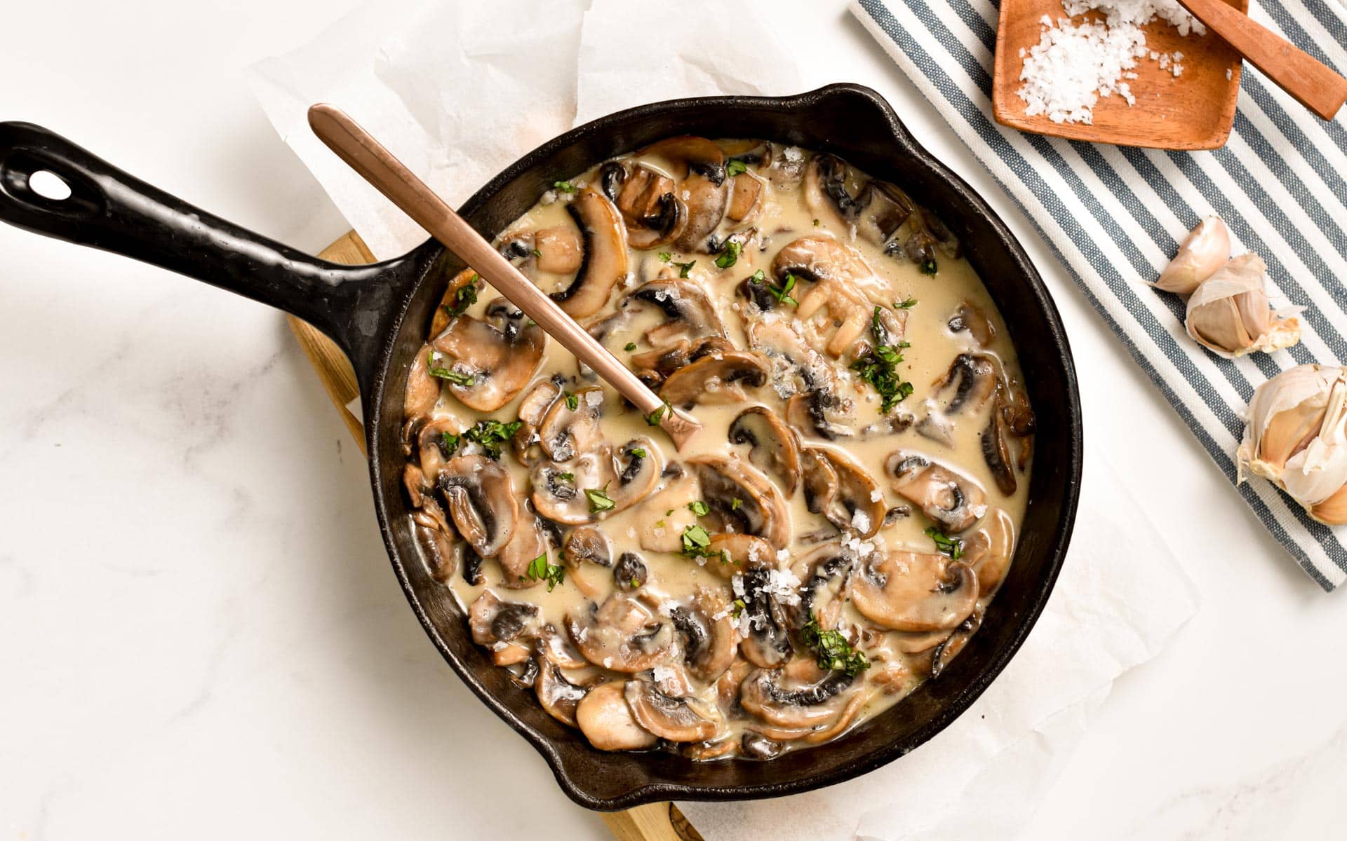 Keto Mushroom Sauce in  cast-iron pan. 