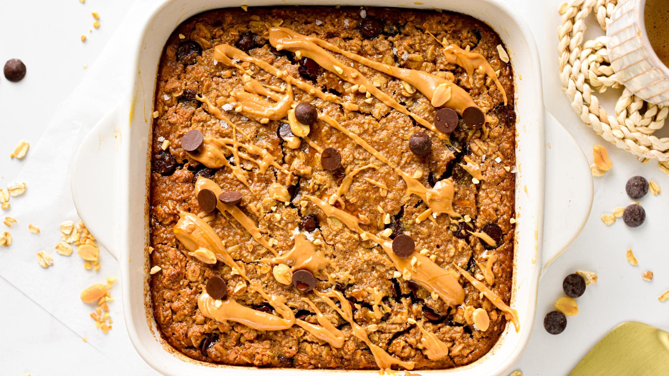 This Peanut Butter Baked Oatmeal is a simple, healthy high-protein breakfast perfect as a one-pan breakfast brunch or to meal prep a week of healthy oatmeal.