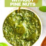 This Pesto without pine nuts is an easy healthy pesto with walnuts perfect if you ran out on pine nuts. Plus, this pesto recipe is ready in barely 5 minutes, and use a good amount of basil to use the overgrown herbs in your garden.