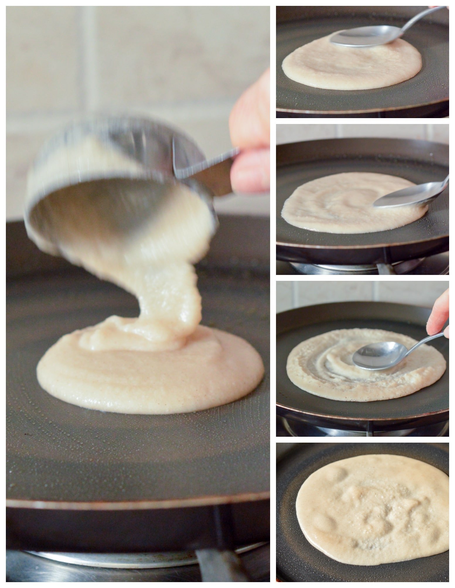 Step-by-step instructions on how to ladle the batter and form Protein Crepes on a crepe pan.