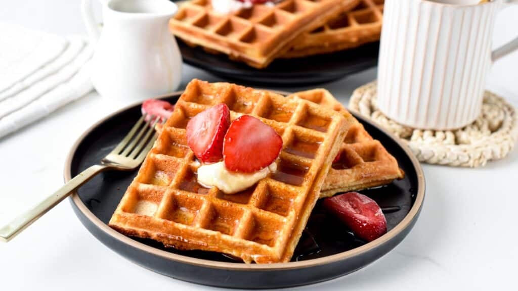 These Protein Waffles are crispy oat waffles packed with 14 grams of protein per serve and only 166 kcal. It's such an easy healthy high-protein breakfast to refuel after a workout.
