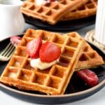 These Protein Waffles are crispy oat waffles packed with 14 grams of protein per serve and only 166 kcal. It's such an easy healthy high-protein breakfast to refuel after a workout.