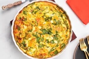 a roasted pumpkin spinach frittata pictured from the top