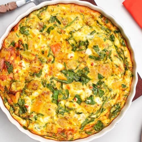 a roasted pumpkin spinach frittata pictured from the top
