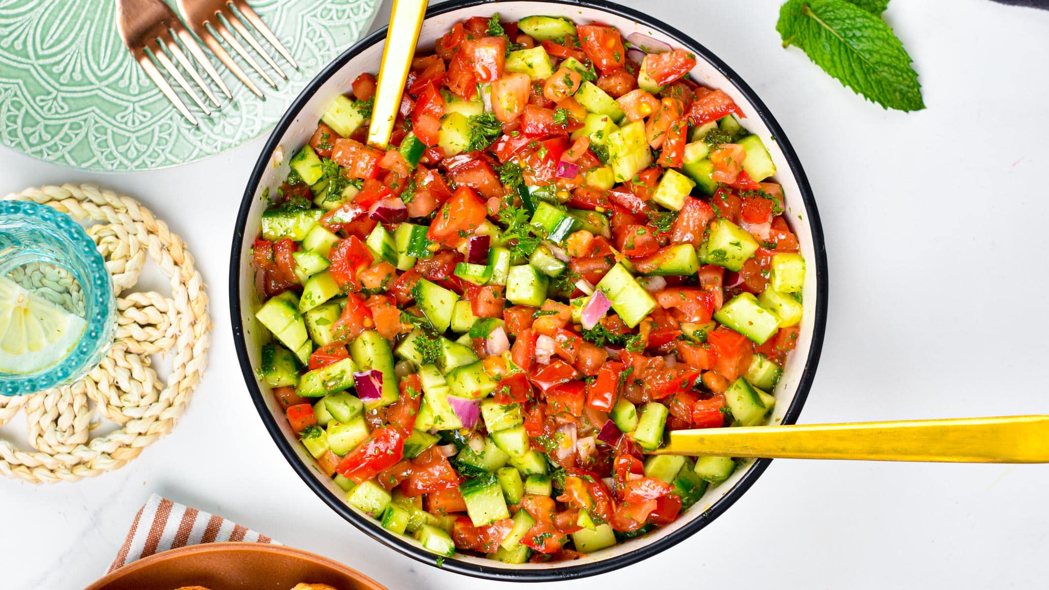 This Shirazi Salad is  a crunchy refreshing Persian salad perfect as side dish or light meal with bread like Barbari - Persian flatbread.