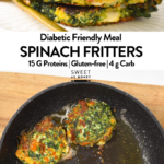 a stack of spinach fritters on a white plate with a golden fork in the front