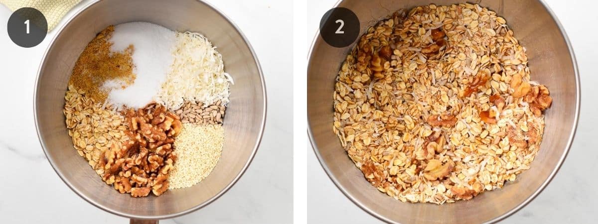 Instructions on how to combine ingredients for the sugar-free granola recipe with a side-by-side view of the bowl.